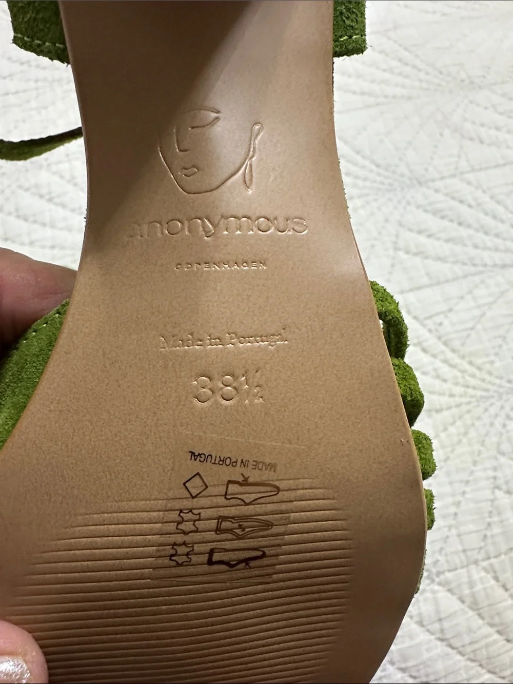 Anonymous Copenhagen Green Suede Strappy Sandals Low Heel US 8.5 EU 38.5 New
